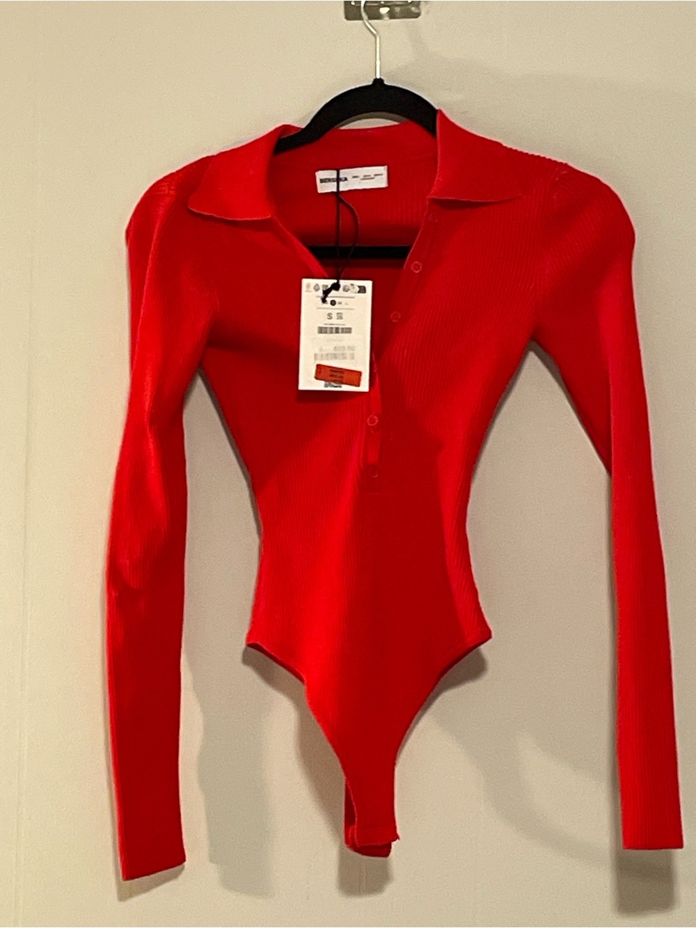 Bershka Red Ribbed Long-Sleeve Polo Bodysuit